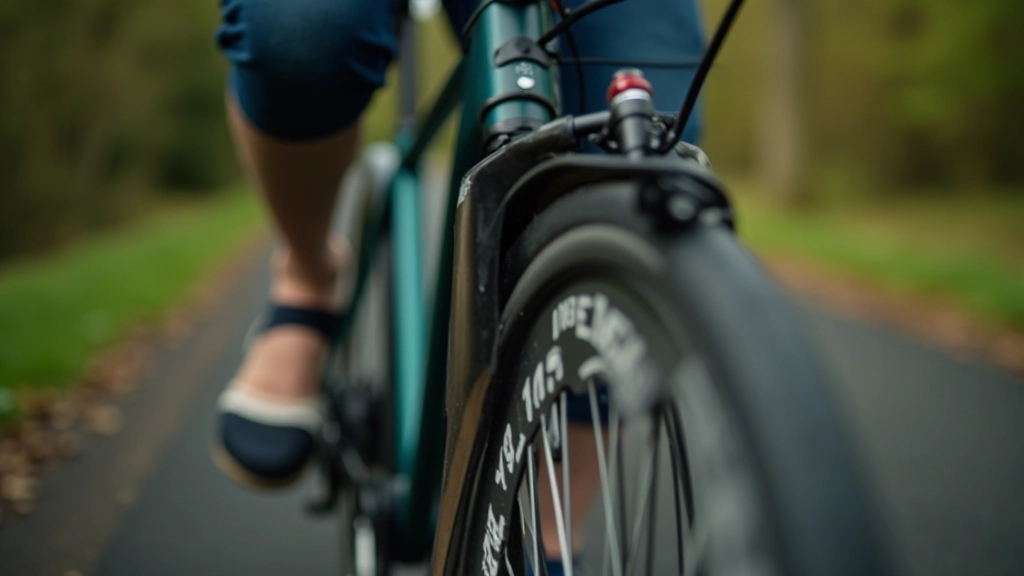 Close-up of hybrid bicycle components showing comfortable saddle and disc brakes