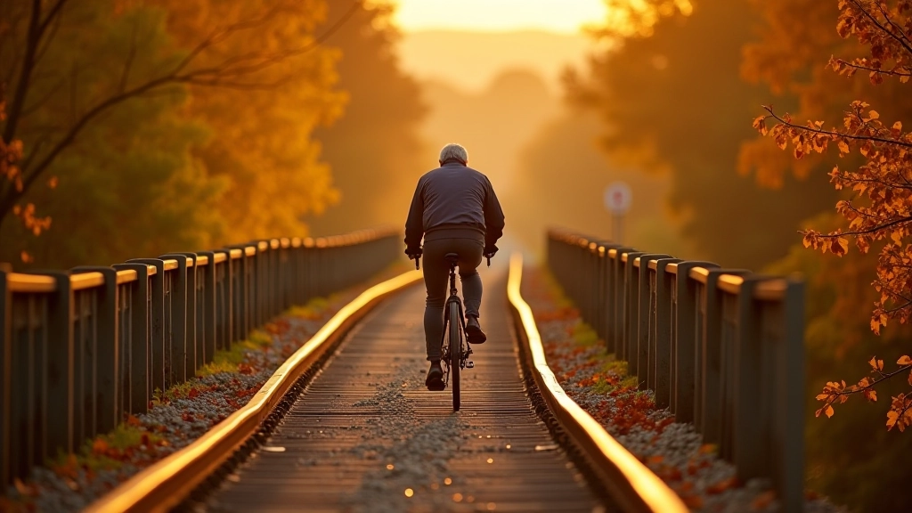 Autumn scenery on viaduct trail with changing leaves, golden sunlight filtering through trees, cyclist in distance, warm tones