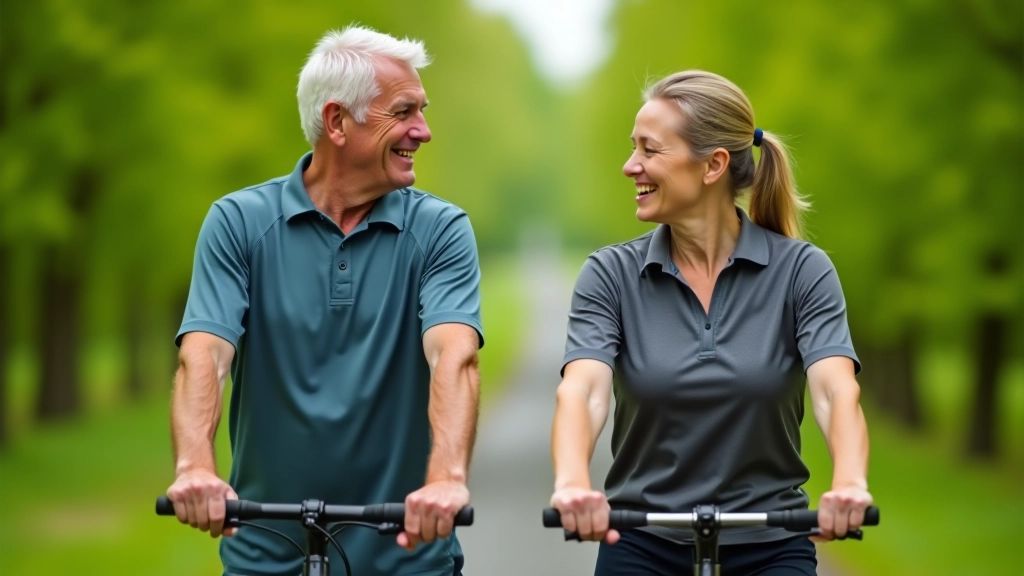 Mature couple in casual athletic wear sitting on bench outdoors, relaxed and smiling, green background